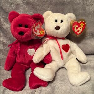 Rare Ty Red and White Rear Set Stuffed Animal Bears with Heart Patches